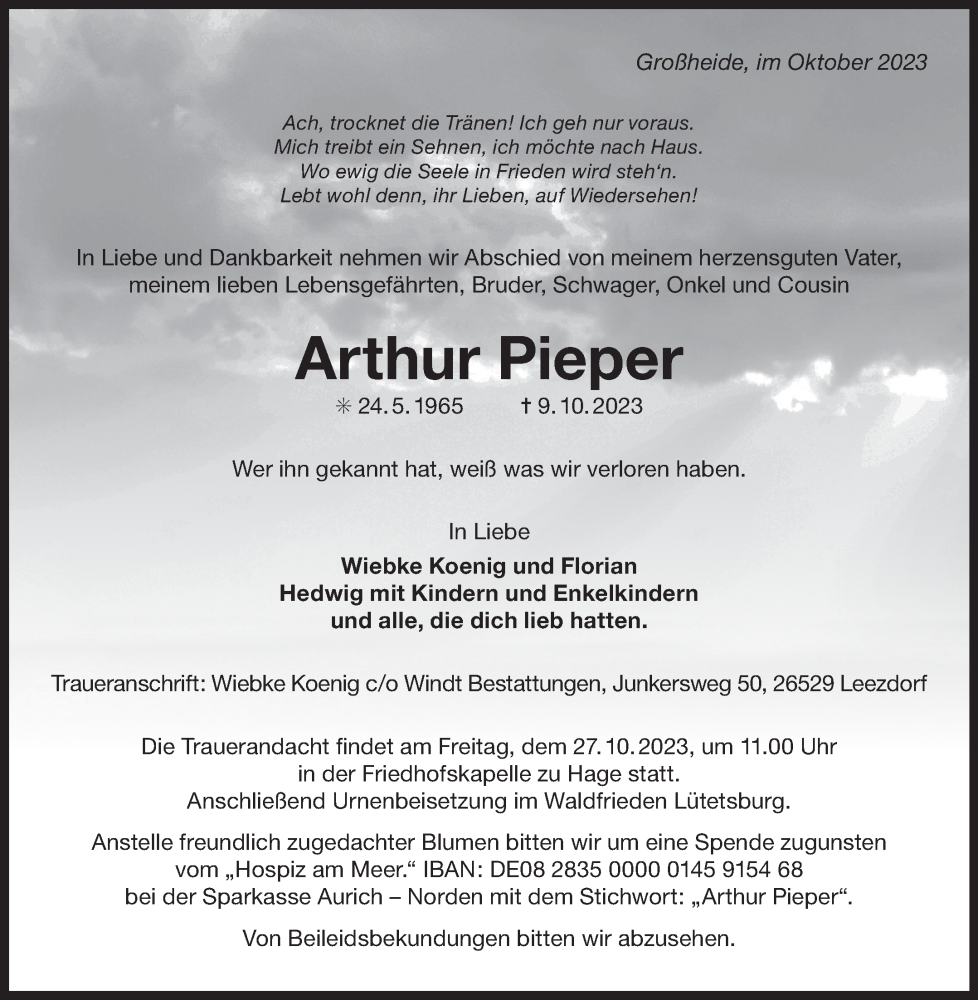  Traueranzeige für Arthur Pieper vom 14.10.2023 aus Ostfriesischer Kurier