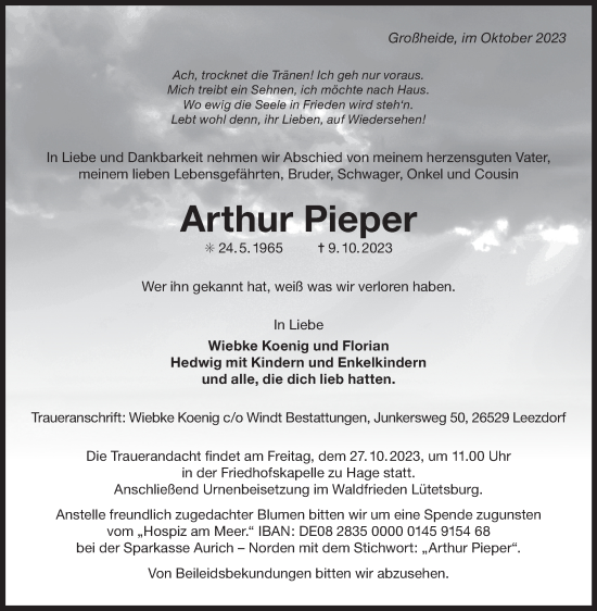 Traueranzeige von Arthur Pieper von Ostfriesischer Kurier