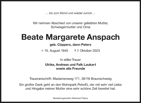 Traueranzeige von Beate Margarete Anspach von Ostfriesischer Kurier