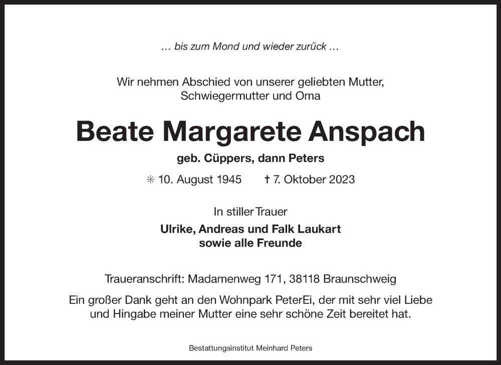  Traueranzeige für Beate Margarete Anspach vom 21.10.2023 aus Ostfriesischer Kurier