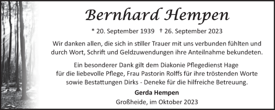 Traueranzeige von Bernhard Hempen von Ostfriesischer Kurier
