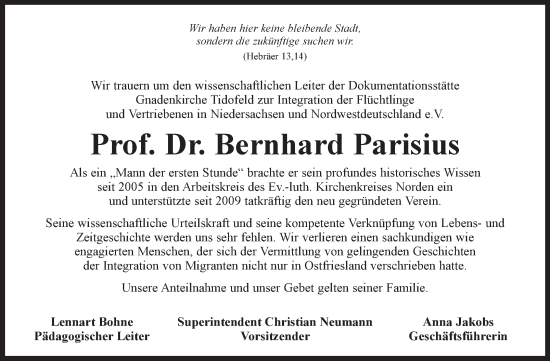 Traueranzeige von Bernhard Parisius von Ostfriesischer Kurier