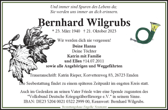 Traueranzeige von Bernhard Wilgrubs von Ostfriesischer Kurier