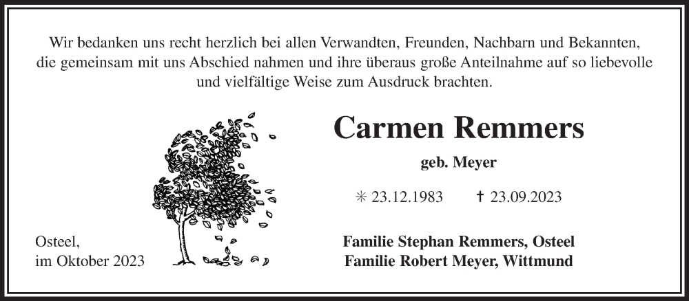  Traueranzeige für Carmen Remmers vom 28.10.2023 aus Ostfriesischer Kurier