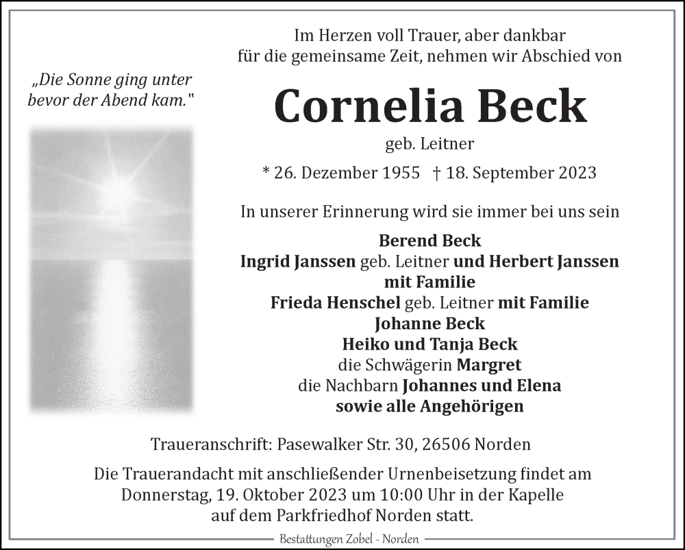  Traueranzeige für Cornelia Beck vom 11.10.2023 aus Ostfriesischer Kurier