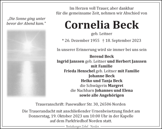 Traueranzeige von Cornelia Beck von Ostfriesischer Kurier