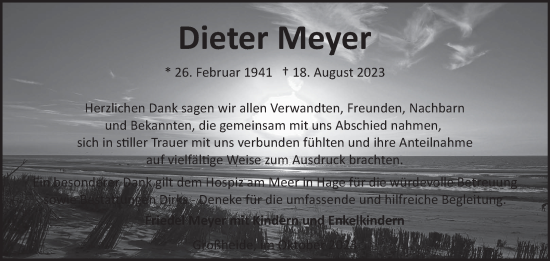 Traueranzeige von Dieter Meyer von Ostfriesischer Kurier