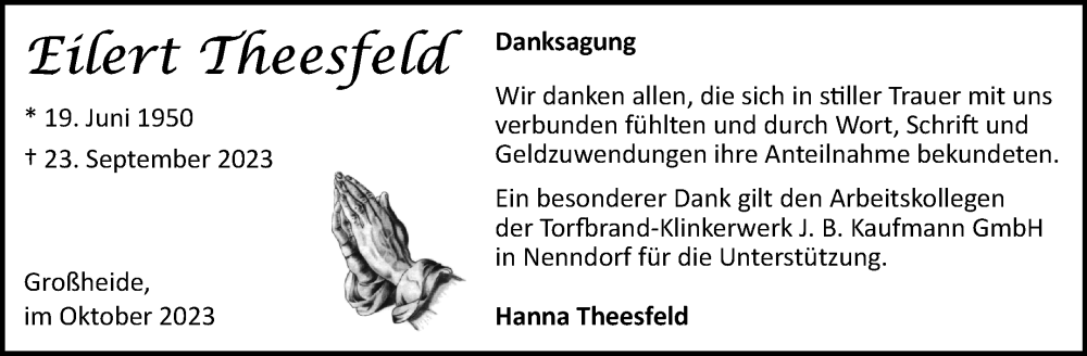  Traueranzeige für Eilert Theesfeld vom 21.10.2023 aus Ostfriesischer Kurier