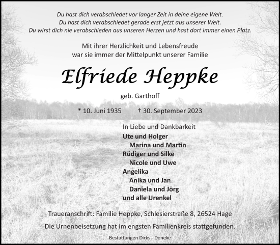 Traueranzeige von Elfriede Heppke von Ostfriesischer Kurier