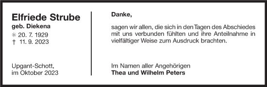 Traueranzeige von Elfriede Strube von Ostfriesischer Kurier