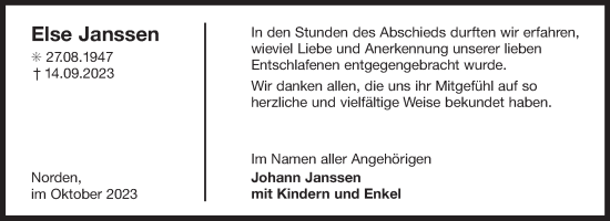 Traueranzeige von Else Janssen von Ostfriesischer Kurier