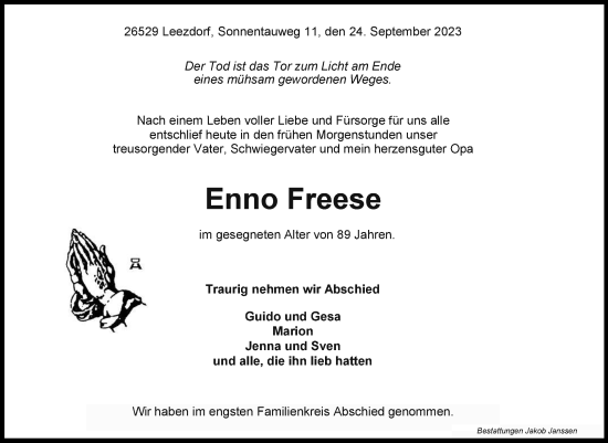 Traueranzeige von Enno Freese von Ostfriesischer Kurier