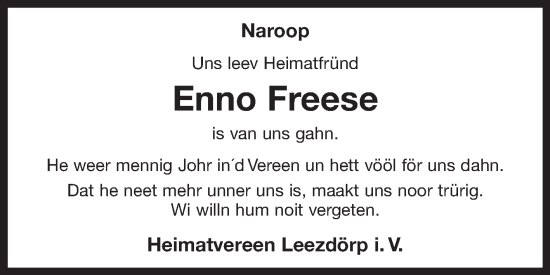 Traueranzeige von Enno Freese von Ostfriesischer Kurier