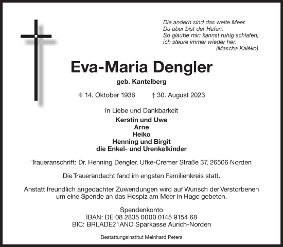 Traueranzeige von Eva-Maria Dengler von Ostfriesischer Kurier