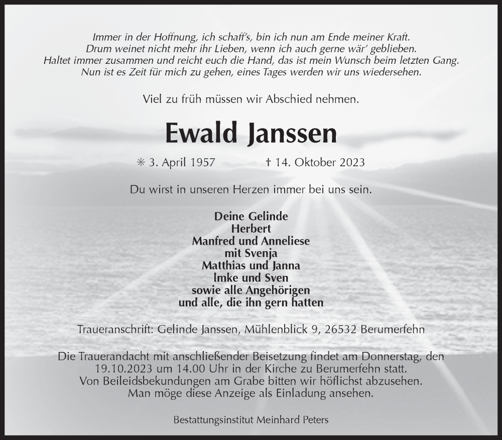  Traueranzeige für Ewald Janssen vom 17.10.2023 aus Ostfriesischer Kurier