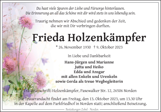 Traueranzeige von Frieda Holzenkämpfer von Ostfriesischer Kurier