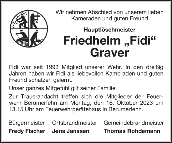 Traueranzeige von Friedhelm Graver von Ostfriesischer Kurier