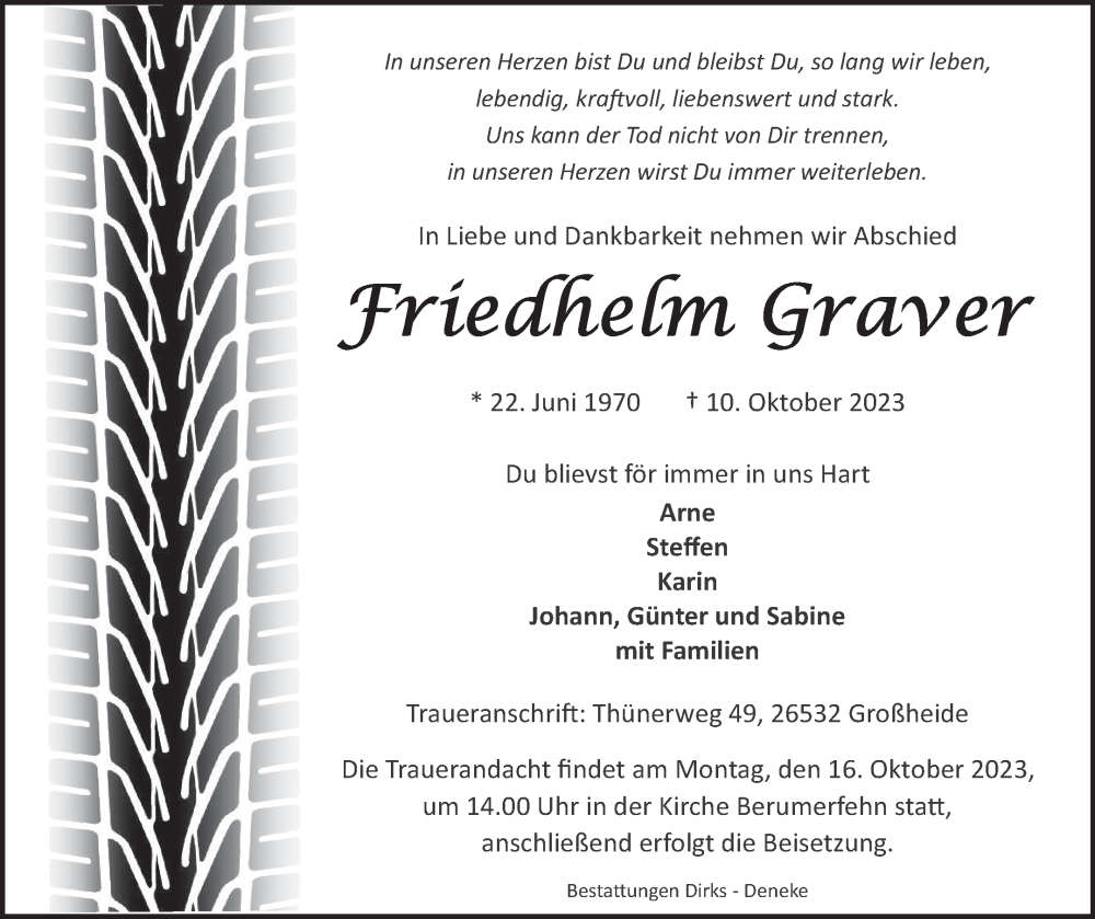  Traueranzeige für Friedhelm Graver vom 12.10.2023 aus Ostfriesischer Kurier