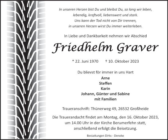 Traueranzeige von Friedhelm Graver von Ostfriesischer Kurier