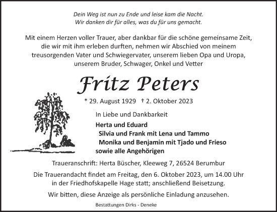 Traueranzeige von Fritz Peters von Ostfriesischer Kurier