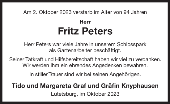 Traueranzeige von Fritz Peters von Ostfriesischer Kurier