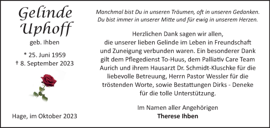 Traueranzeige von Gelinde Uphoff von Ostfriesischer Kurier