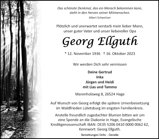 Traueranzeige von Georg Ellguth von Ostfriesischer Kurier