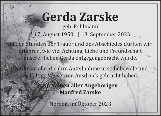 Traueranzeige von Gerda Zarske von Ostfriesischer Kurier