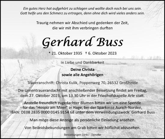 Traueranzeige von Gerhard Buss von Ostfriesischer Kurier