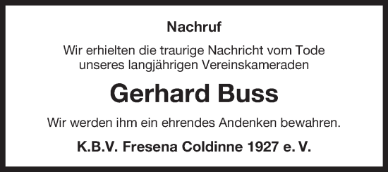 Traueranzeige von Gerhard Buss von Ostfriesischer Kurier