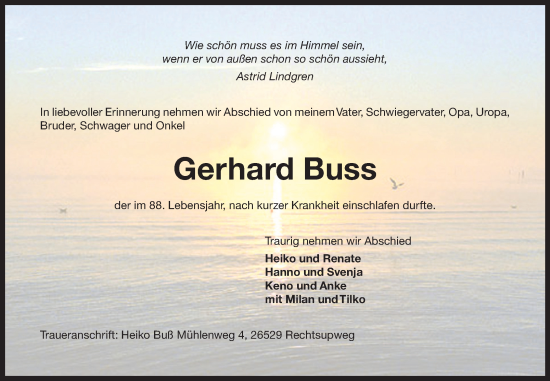 Traueranzeige von Gerhard Buss von Ostfriesischer Kurier