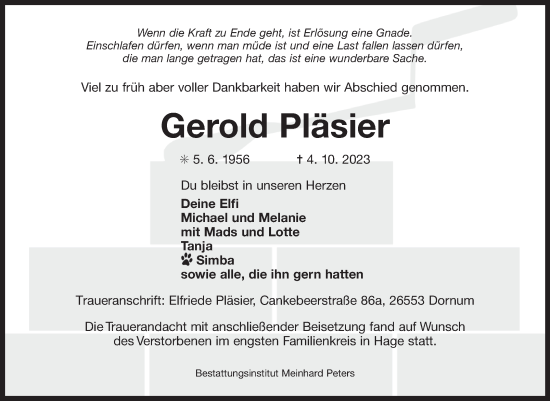 Traueranzeige von Gerold Pläsier von Ostfriesischer Kurier