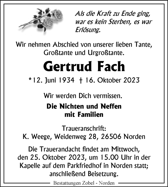 Traueranzeige von Gertrud Fach von Ostfriesischer Kurier