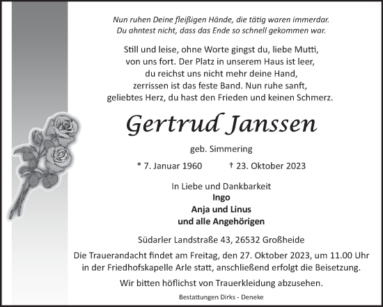 Traueranzeige von Gertrud Janssen von Ostfriesischer Kurier