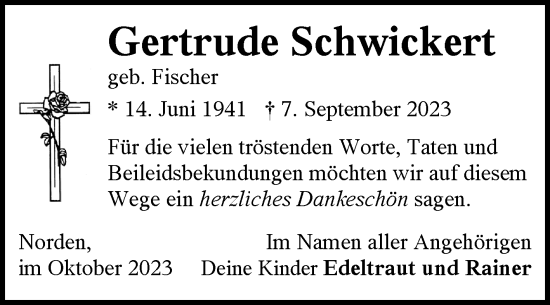 Traueranzeige von Gertrude Schwickert von Ostfriesischer Kurier