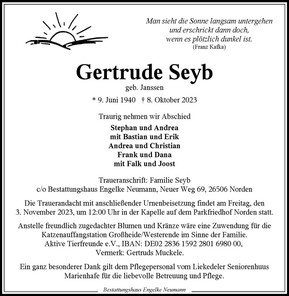  Traueranzeige für Gertrude Seyb vom 21.10.2023 aus Ostfriesischer Kurier