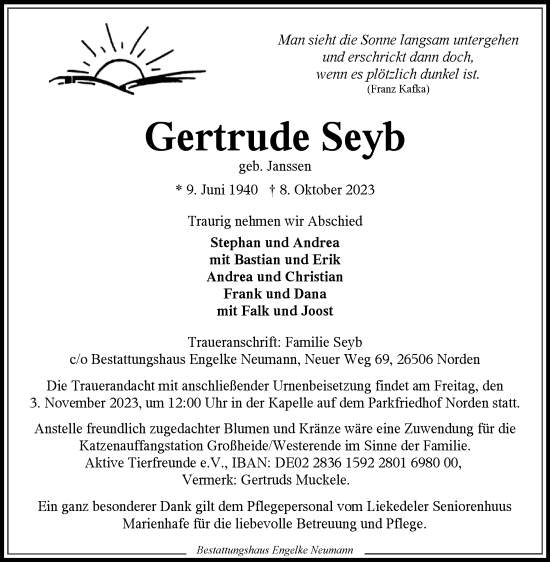 Traueranzeige von Gertrude Seyb von Ostfriesischer Kurier