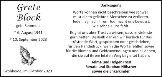 Traueranzeige von Grete Block von Ostfriesischer Kurier