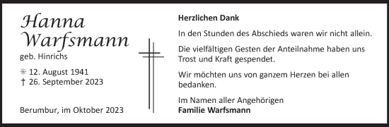 Traueranzeige von Hanna Warfsmann von Ostfriesischer Kurier