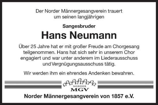 Traueranzeige von Hans Neumann von Ostfriesischer Kurier