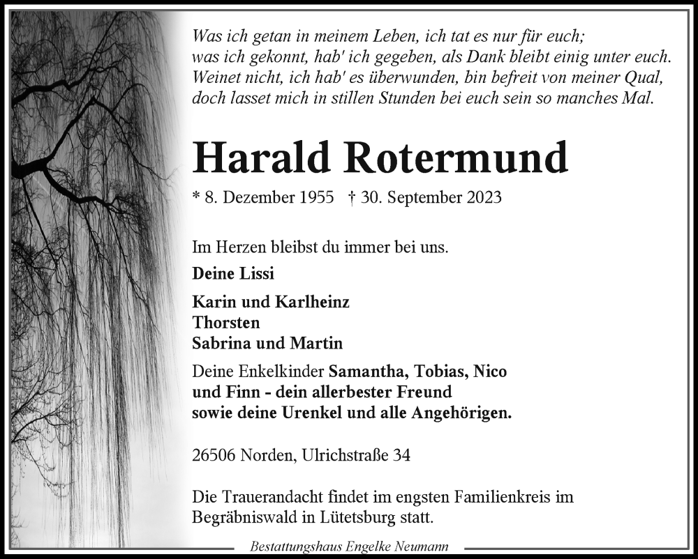  Traueranzeige für Harald Rotermund vom 07.10.2023 aus Ostfriesischer Kurier