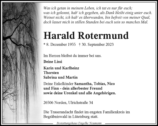 Traueranzeige von Harald Rotermund von Ostfriesischer Kurier