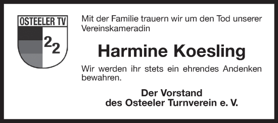 Traueranzeige von Harmine Koesling von Ostfriesischer Kurier