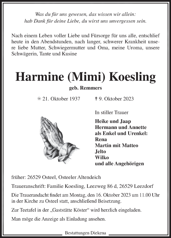 Traueranzeige von Harmine Koesling von Ostfriesischer Kurier