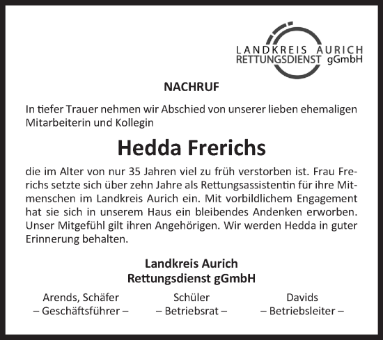 Traueranzeige von Hedda Frerichs von Ostfriesischer Kurier