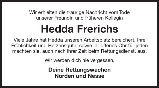 Traueranzeige von Hedda Frerichs von Ostfriesischer Kurier