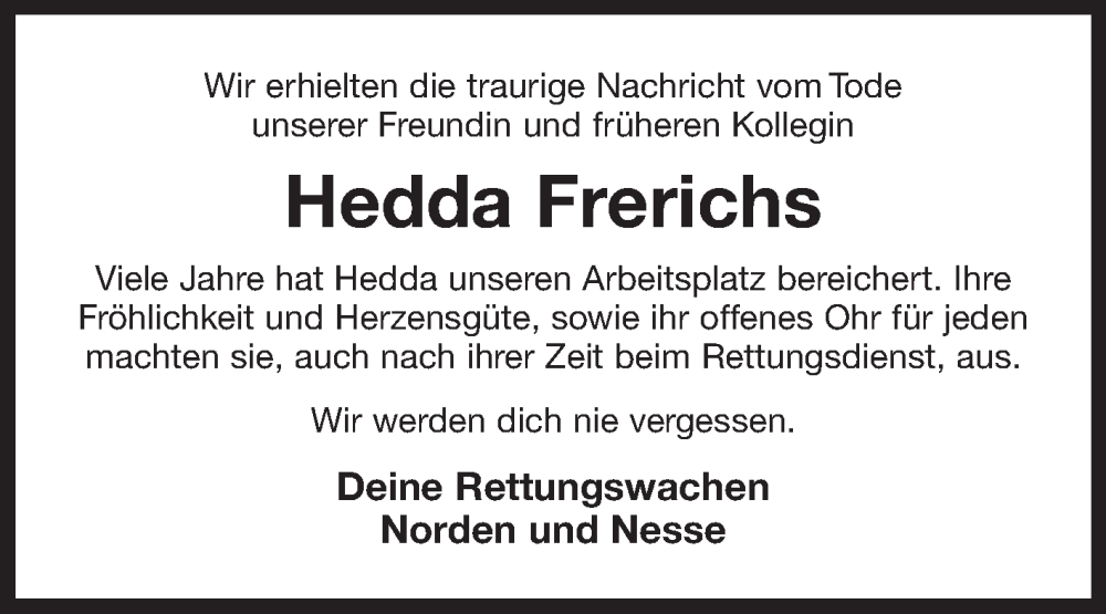  Traueranzeige für Hedda Frerichs vom 04.10.2023 aus Ostfriesischer Kurier