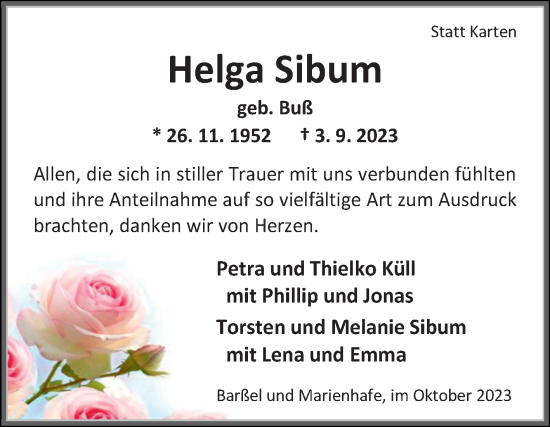Traueranzeige von Helga Sibum von Ostfriesischer Kurier