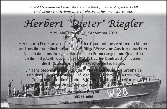 Traueranzeige von Herbert Dieter Riegler von Ostfriesischer Kurier
