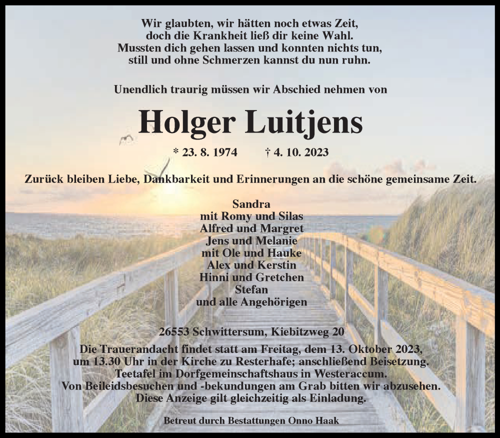  Traueranzeige für Holger Luitjens vom 07.10.2023 aus Ostfriesischer Kurier